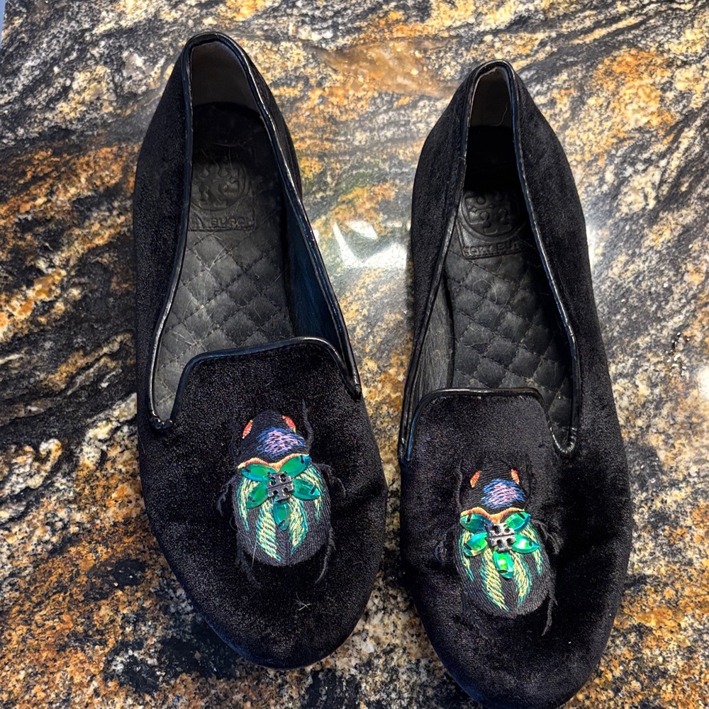 Tory Burch Black Velvet Loafers with Colorful Embroidery